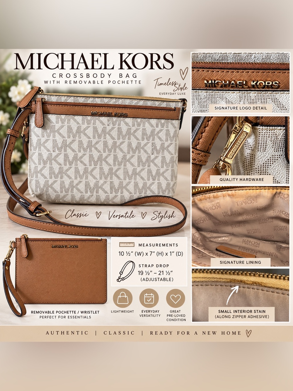 Michael Kors Beige Signature Logo Crossbody with Tan Leather Trim